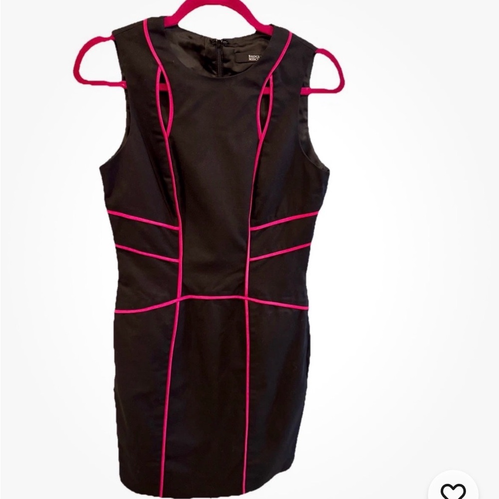 Badgley Mischka Black Sheath mini Dress Neon Pink Piping 6 EUC
